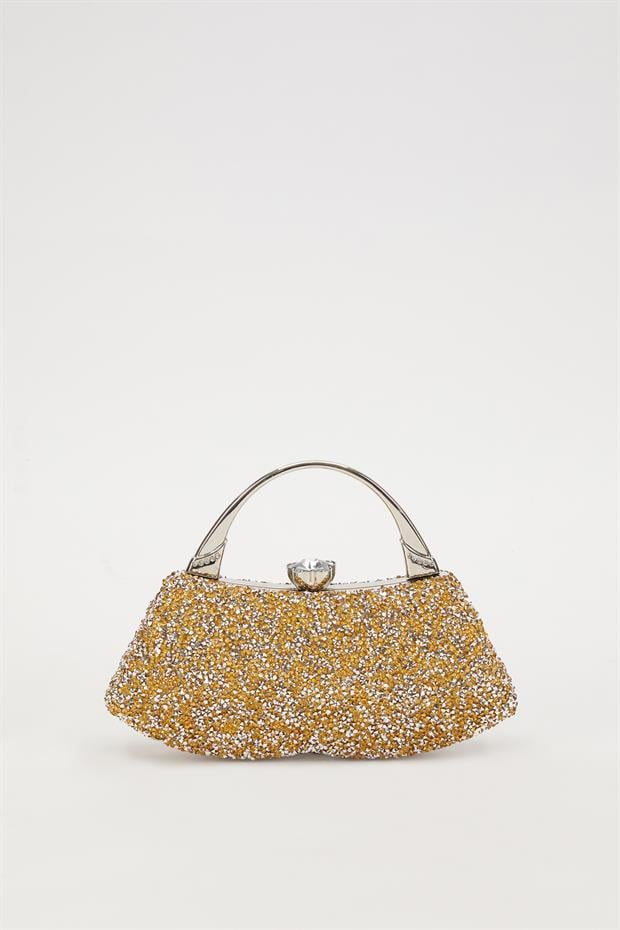 Mini Gold Taşlı Abiye El Çantası