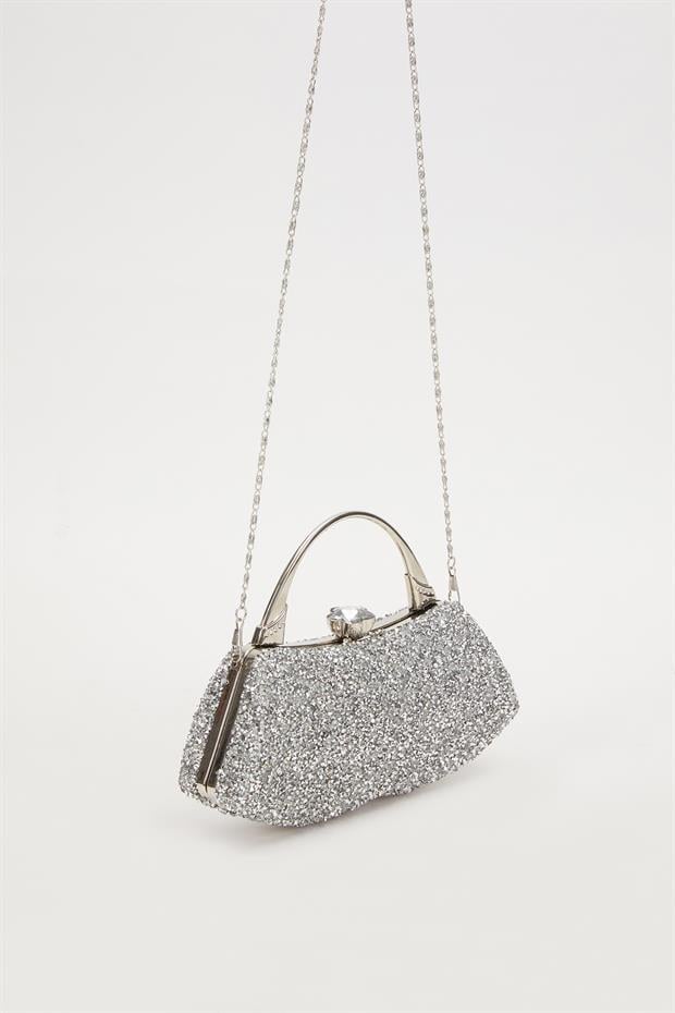 Mini Gümüş Taşlı Abiye El Çantası