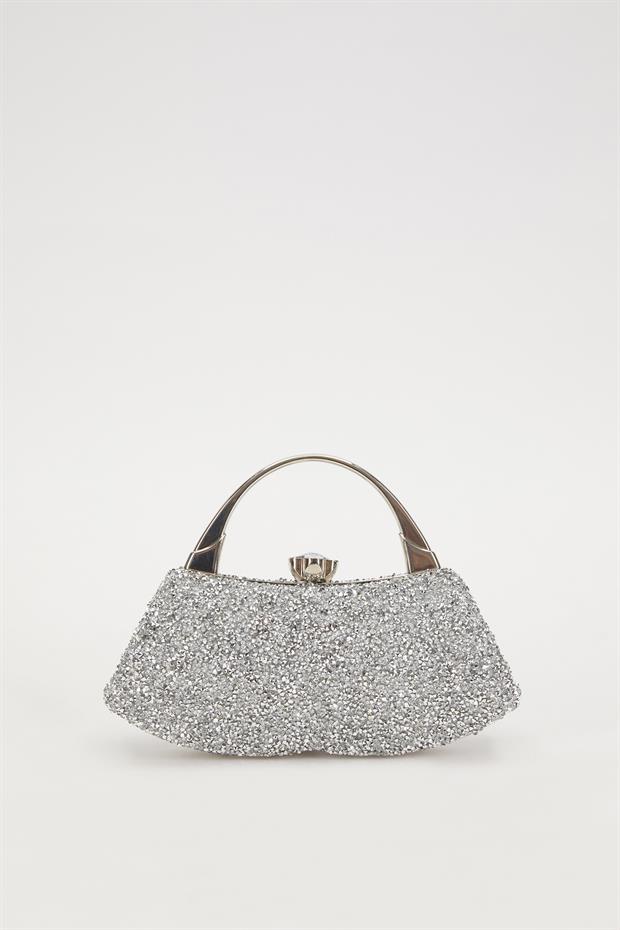 Mini Gümüş Taşlı Abiye El Çantası