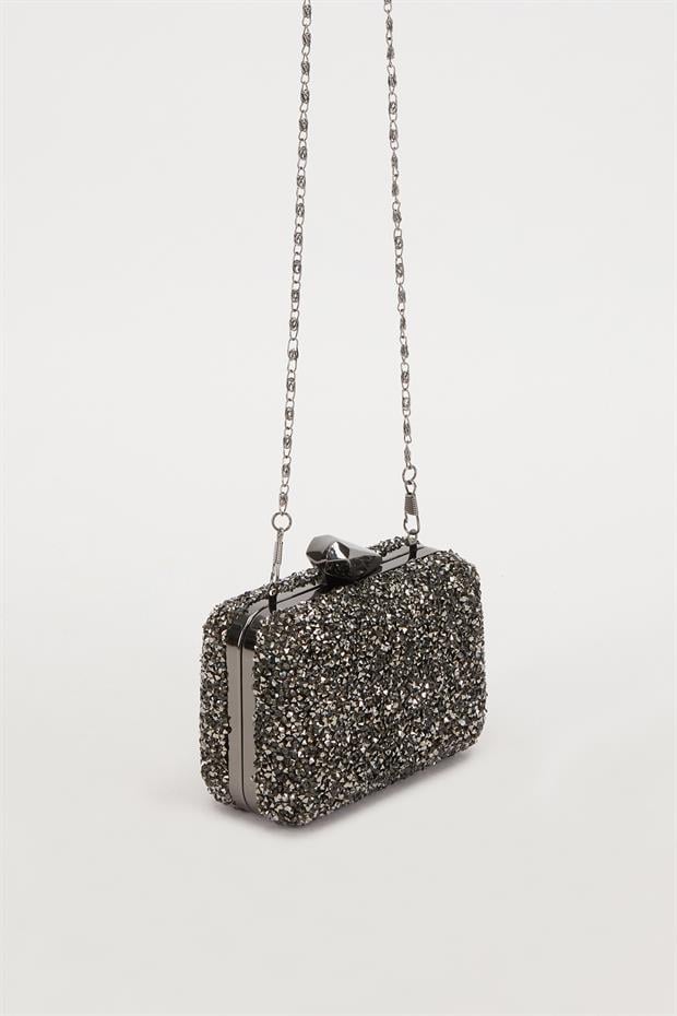 Mini Platin Kare Taşlı Abiye El Çantası