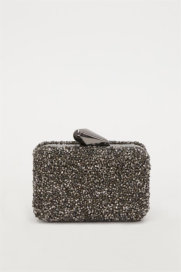 Mini Platin Kare Taşlı Abiye El Çantası