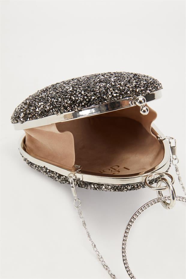 Mini Platin Oval Taşlı Abiye El Çantası