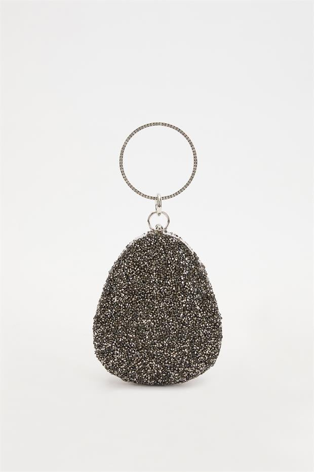 Mini Platin Oval Taşlı Abiye El Çantası