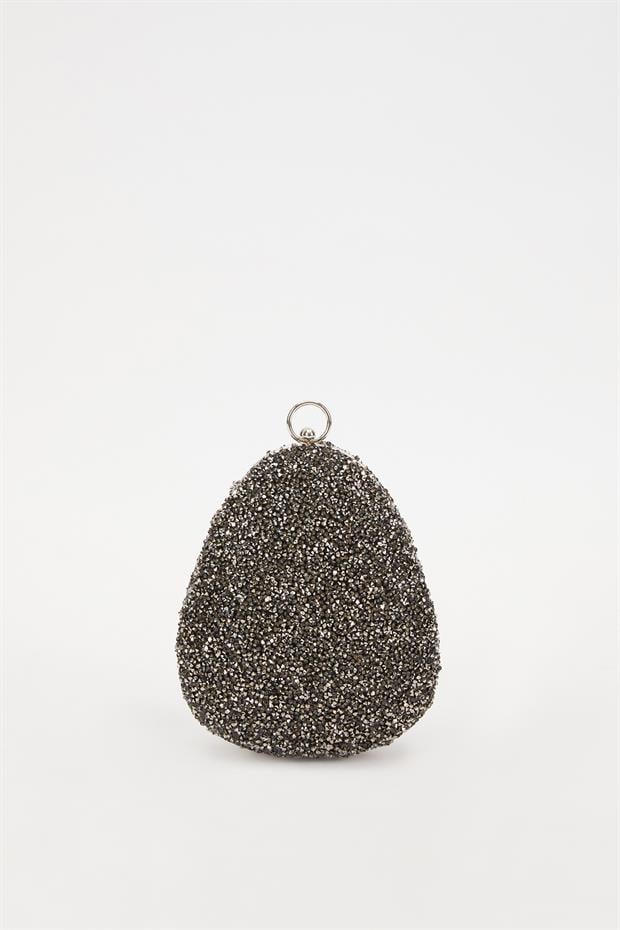 Mini Platin Oval Taşlı Abiye El Çantası