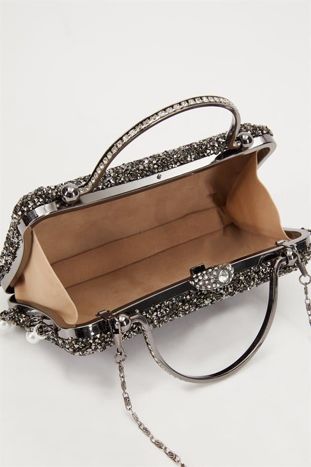 Mini Platin Taş İşleme Saplı Abiye El Çantası