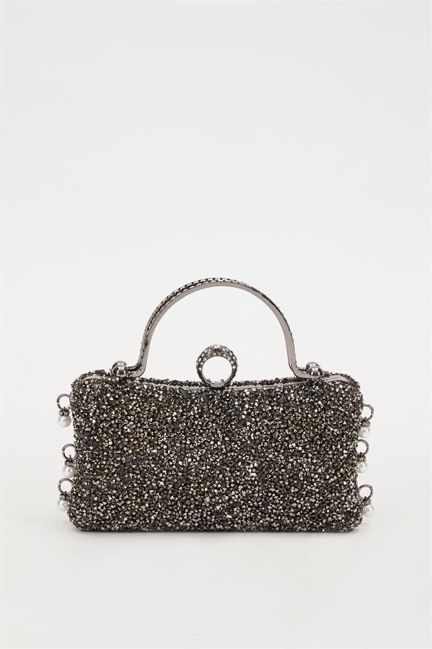 Mini Platin Taş İşleme Saplı Abiye El Çantası