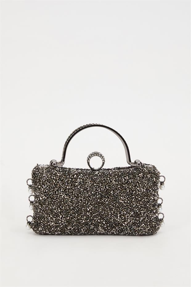 Mini Platin Taş İşleme Saplı Abiye El Çantası