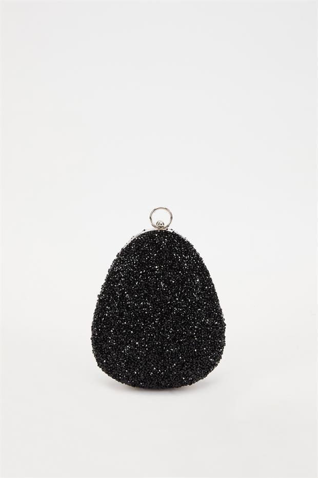 Mini Siyah Oval Taşlı Abiye El Çantası