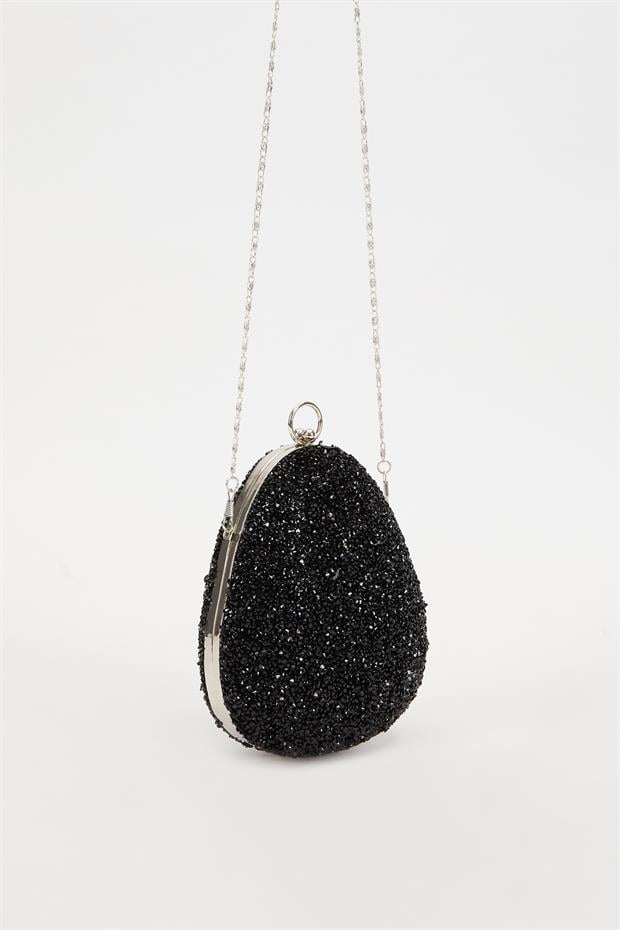 Mini Siyah Oval Taşlı Abiye El Çantası