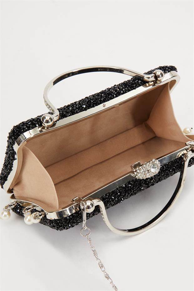 Mini Siyah Taş İşleme Saplı Abiye El Çantası