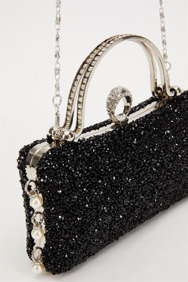 Mini Siyah Taş İşleme Saplı Abiye El Çantası