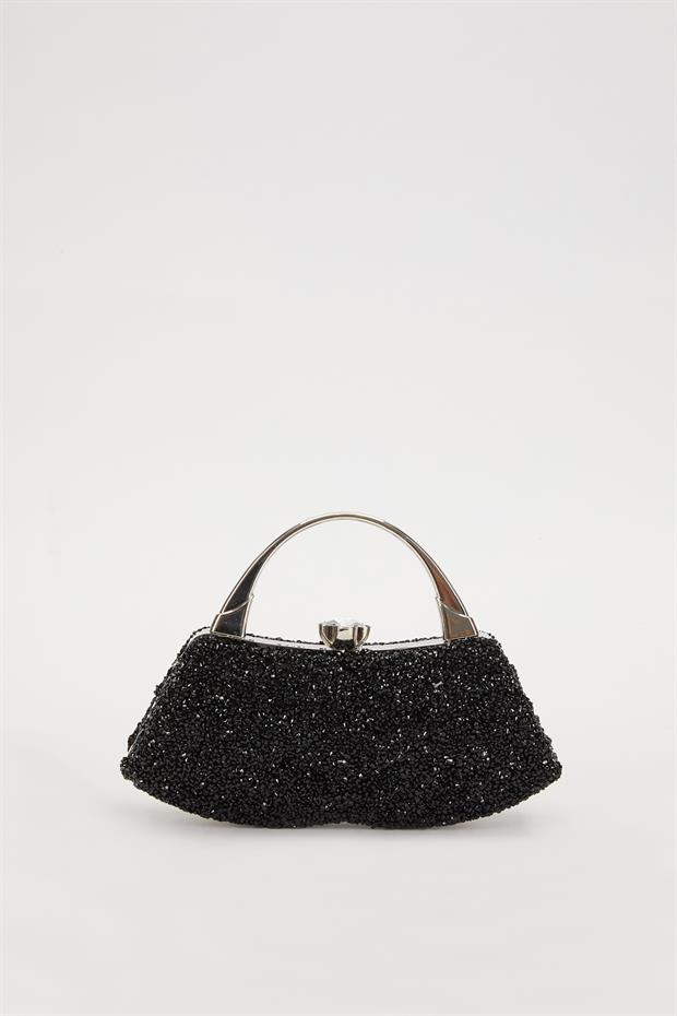 Mini Siyah Taşlı Abiye El Çantası