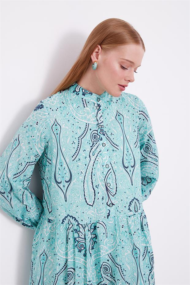 Mint Yeşili Düğme Detaylı Desenli Elbise