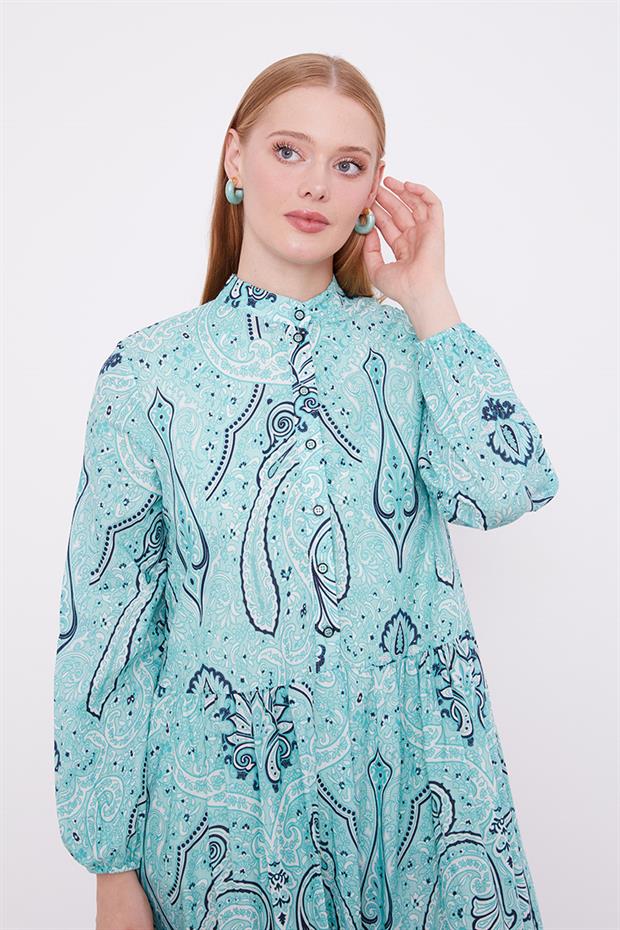 Mint Yeşili Düğme Detaylı Desenli Elbise