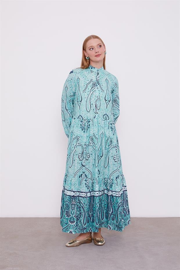 Mint Yeşili Düğme Detaylı Desenli Elbise