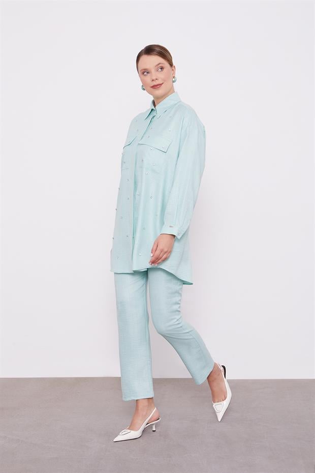 Mint Yeşili Taş İşlemeli Melanj Gömlek İkili Takım