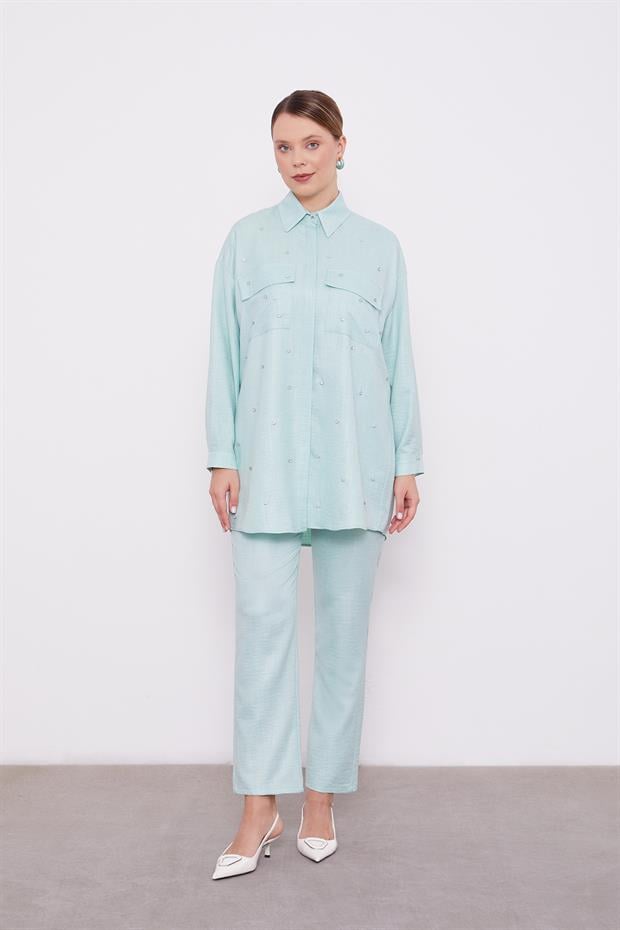 Mint Yeşili Taş İşlemeli Melanj Gömlek İkili Takım