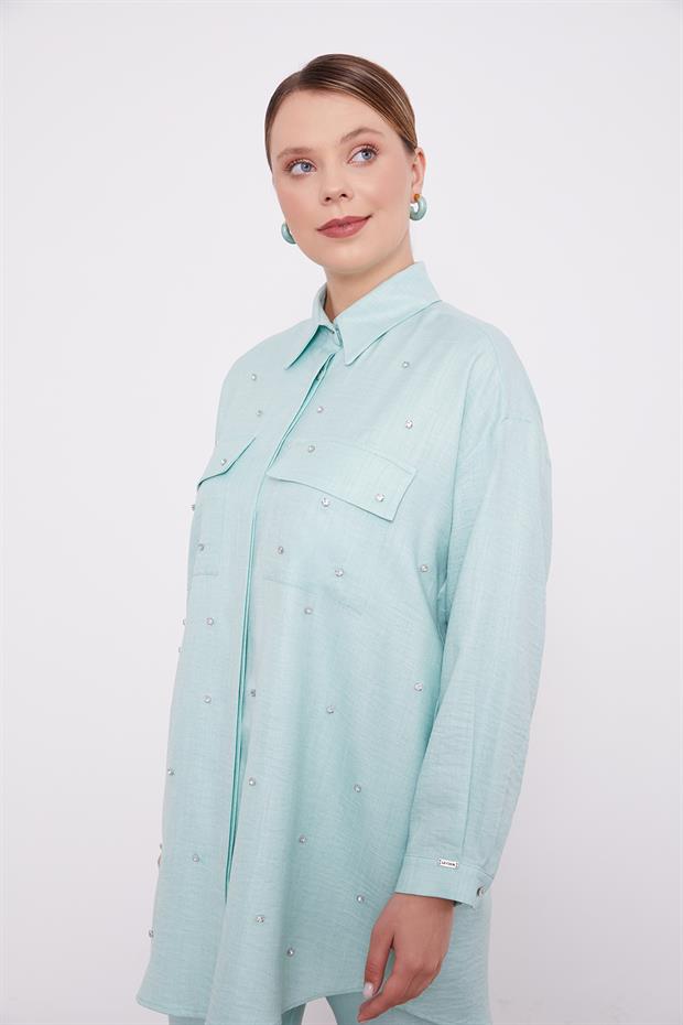 Mint Yeşili Taş İşlemeli Melanj Gömlek İkili Takım