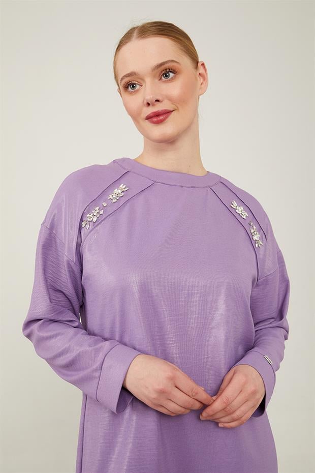 Mor Önü Taş İşlemeli Geniş Pantolonlu Tunik Takım