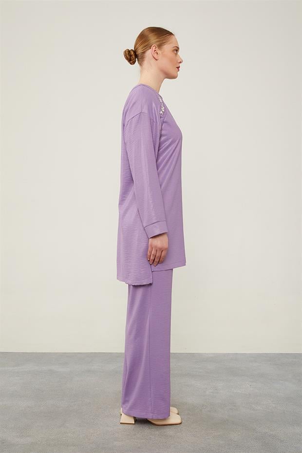 Mor Önü Taş İşlemeli Geniş Pantolonlu Tunik Takım