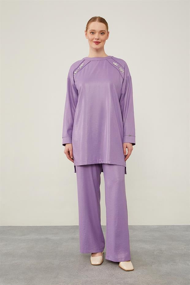 Mor Önü Taş İşlemeli Geniş Pantolonlu Tunik Takım