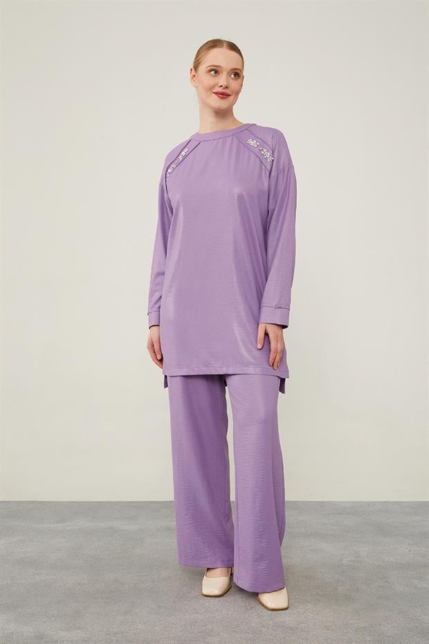 Mor Önü Taş İşlemeli Geniş Pantolonlu Tunik Takım