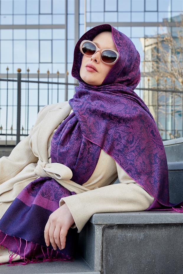 Mor Püsküllü Etnik Kaşmir İpek Şal