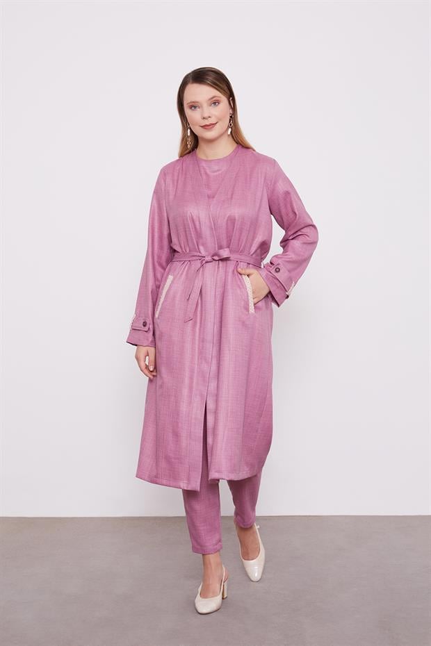 Mürdüm İşlemeli  Melanj Kimono Üçlü Takım