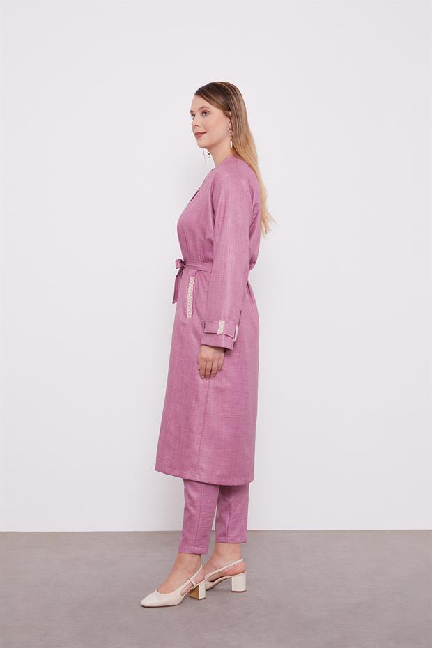 Mürdüm İşlemeli  Melanj Kimono Üçlü Takım