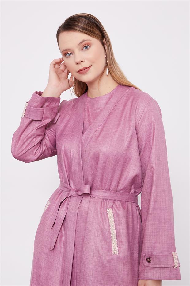 Mürdüm İşlemeli  Melanj Kimono Üçlü Takım