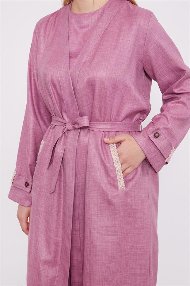 Mürdüm İşlemeli  Melanj Kimono Üçlü Takım