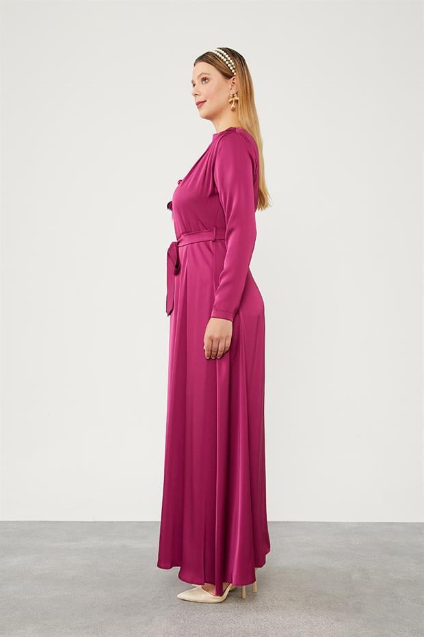 Mürdüm Kuşak Bağlamalı Saten Elbise