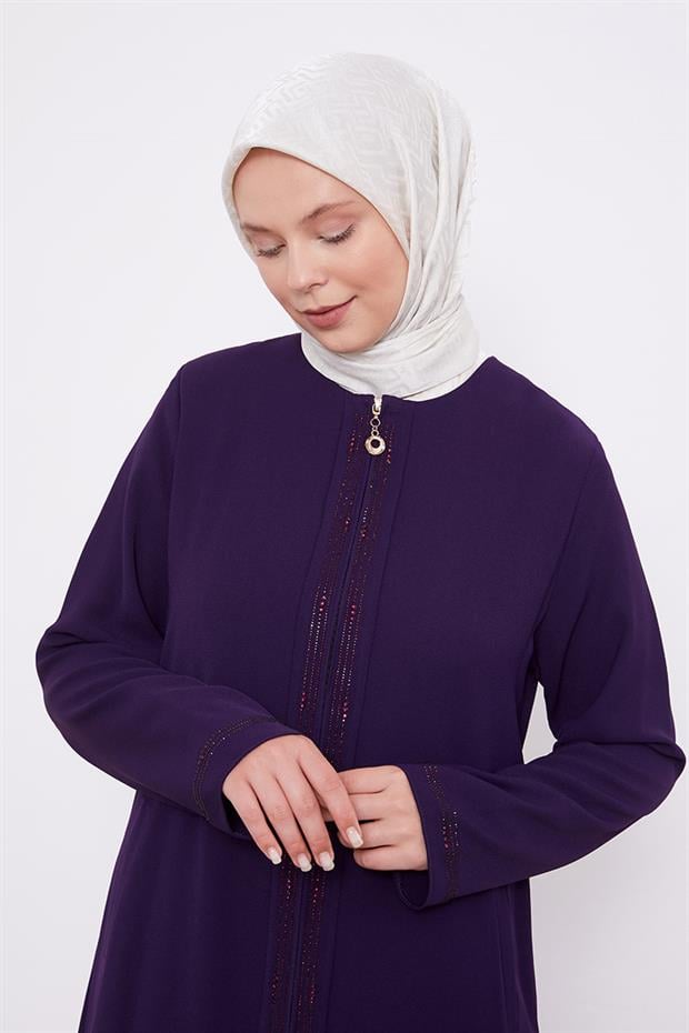 Mürdüm Taşlı Fermuar Kapamalı Ferace