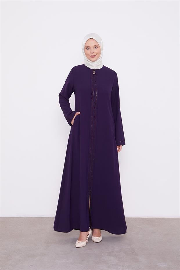 Mürdüm Taşlı Fermuar Kapamalı Ferace