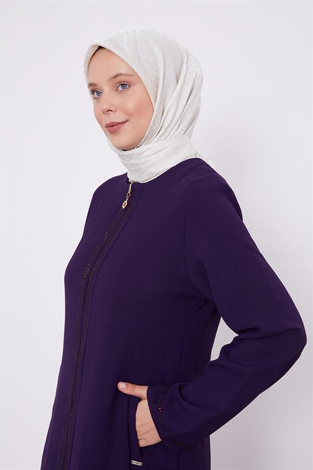 Mürdüm Taşlı Fermuar Kapamalı Ferace