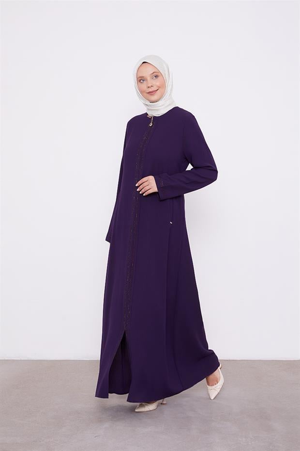 Mürdüm Taşlı Fermuar Kapamalı Ferace