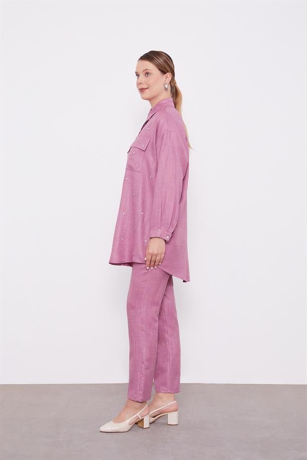 Mürdüm Taş İşlemeli Melanj Gömlek İkili Takım