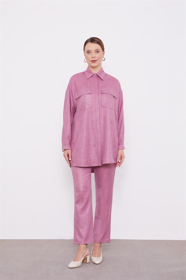 Mürdüm Taş İşlemeli Melanj Gömlek İkili Takım