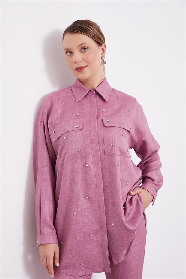 Mürdüm Taş İşlemeli Melanj Gömlek İkili Takım