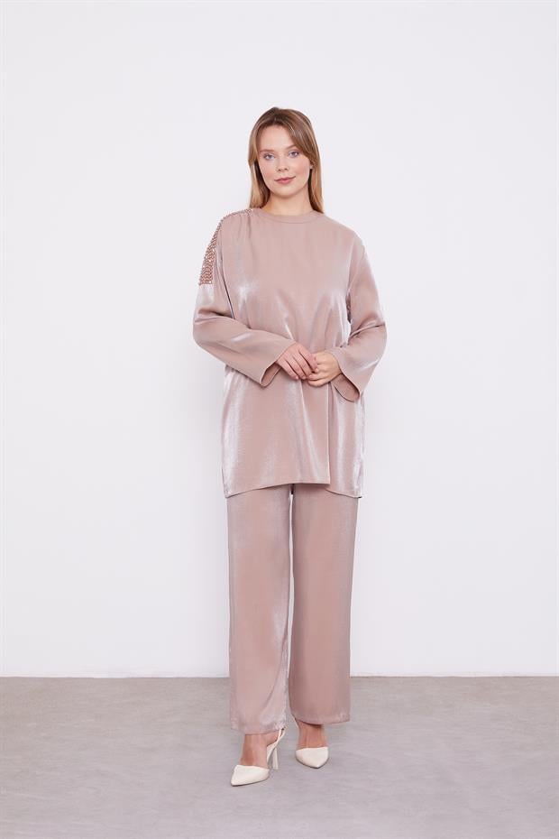 Sütlü Kahve Omuz İşlemeli Saten İkili Takım