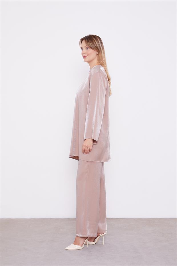 Sütlü Kahve Omuz İşlemeli Saten İkili Takım