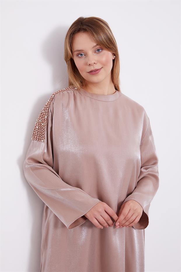 Sütlü Kahve Omuz İşlemeli Saten İkili Takım