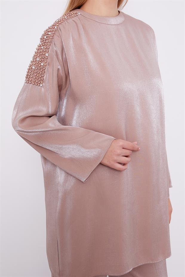 Sütlü Kahve Omuz İşlemeli Saten İkili Takım