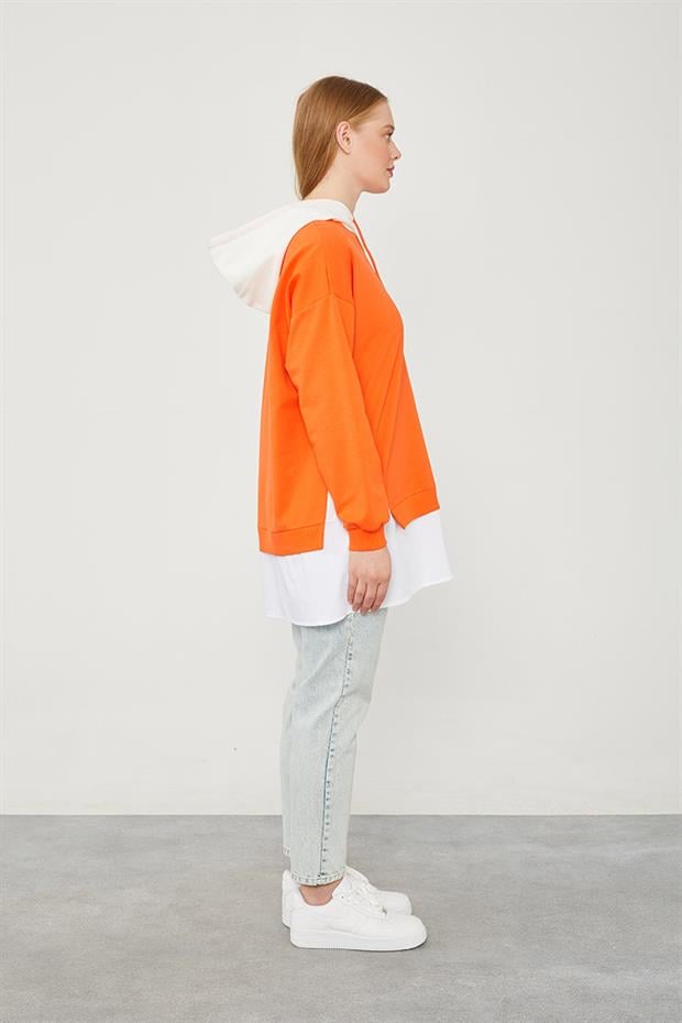 Oranj Kapuşonlu Gömlek Detaylı Sweat