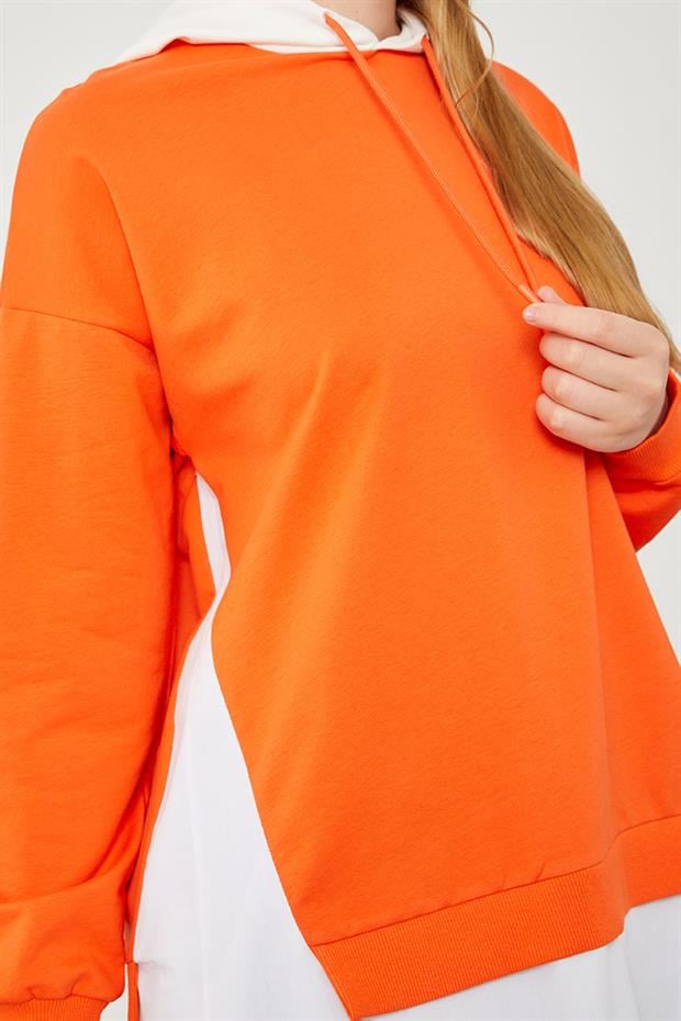 Oranj Kapuşonlu Gömlek Detaylı Sweat