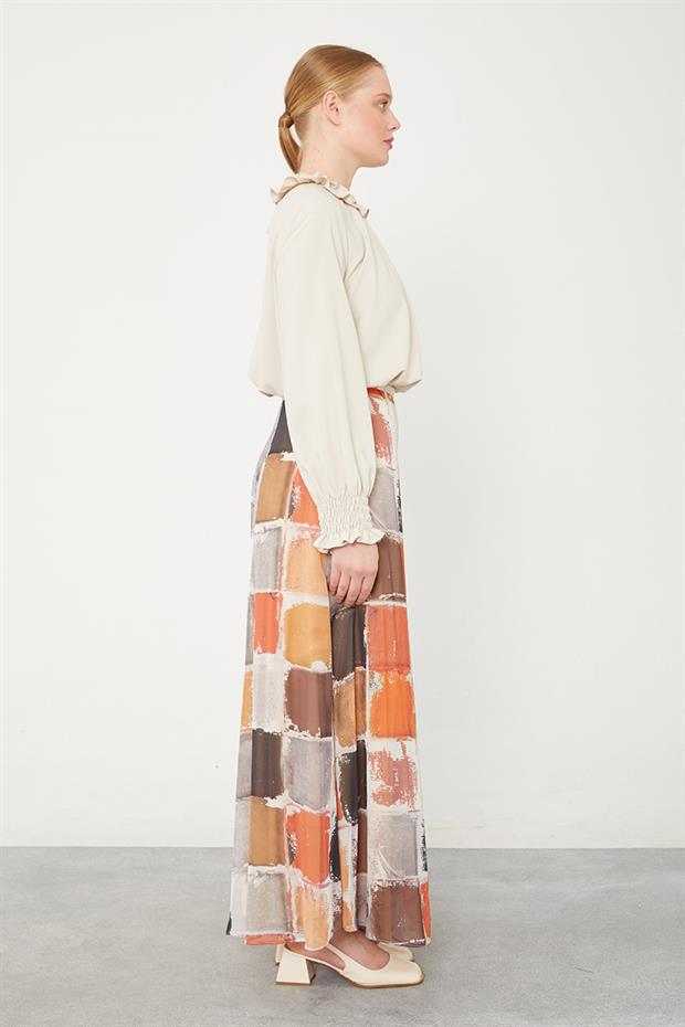 Oranj Kare Desen Geniş Paçalı Pantolon