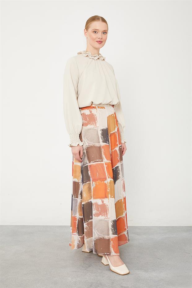 Oranj Kare Desen Geniş Paçalı Pantolon