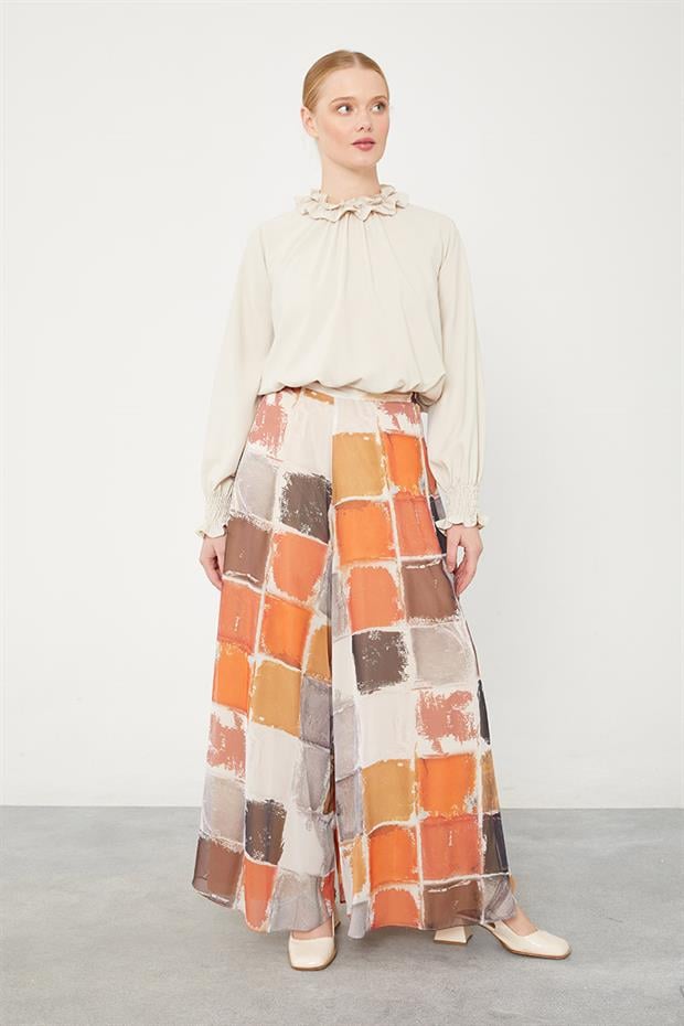 Oranj Kare Desen Geniş Paçalı Pantolon