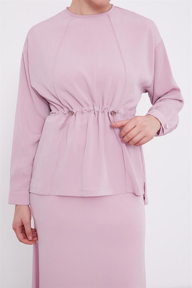 Beli Büzgülü Piliseli Etek Takım Pembe