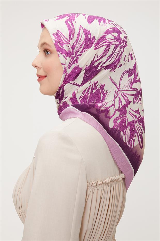Pembe Çiçek Soyut Desen Modal İpek Eşarp